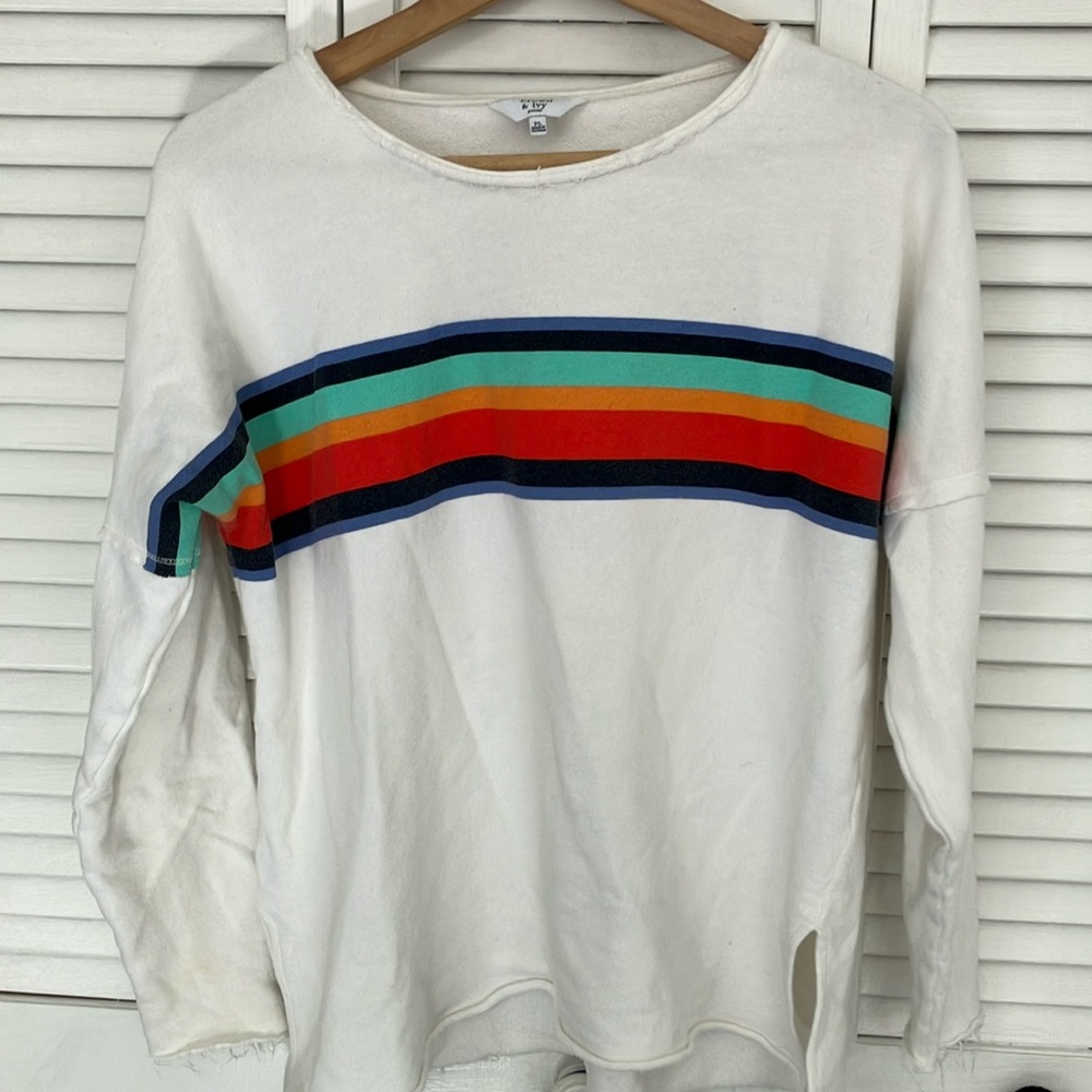 Crown & Ivy Petites Rainbow French Terry Top PL. see photos for measurements.